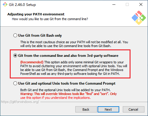 选择 Git from the command line and also from 3rd-party software