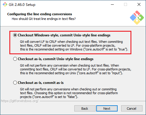 选择 Checkout Windows-style, commit Unix-style line endings